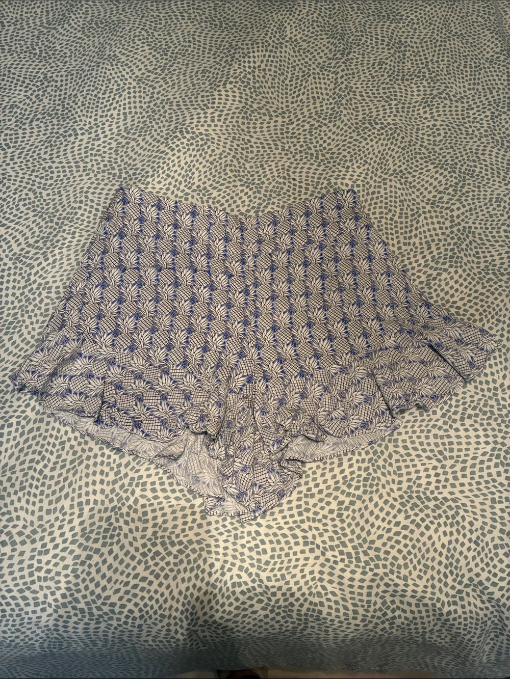 Maeve Blue and White Printed Ruffle Hem Shorts